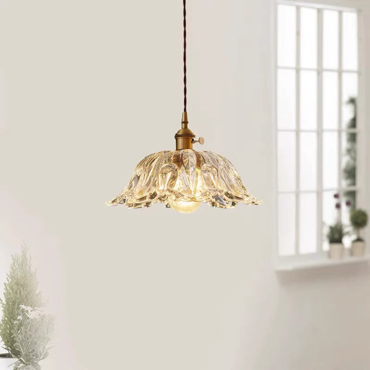 Lustre suspendu contemporain rétro en verre transparent cuivré avec motif de fleurs - 1 lumière pour salle à manger 