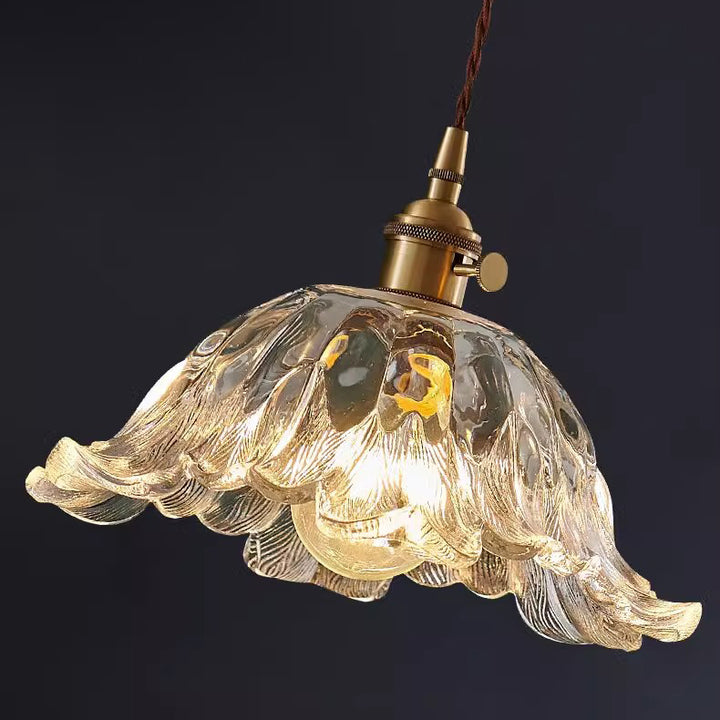 Lustre suspendu contemporain rétro en verre transparent cuivré avec motif de fleurs - 1 lumière pour salle à manger 