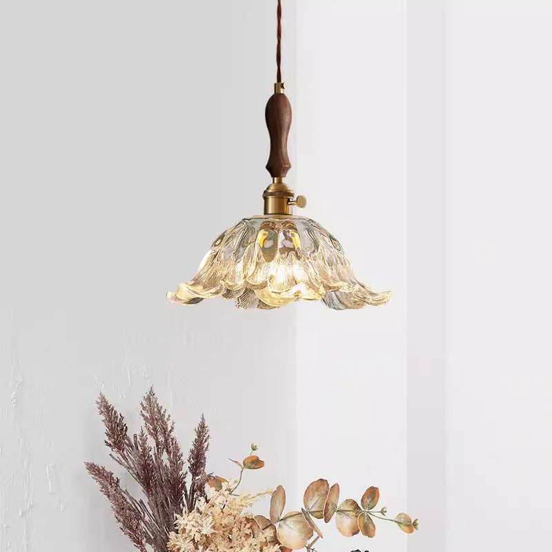Lustre suspendu contemporain rétro en verre transparent cuivré avec motif de fleurs - 1 lumière pour salle à manger 