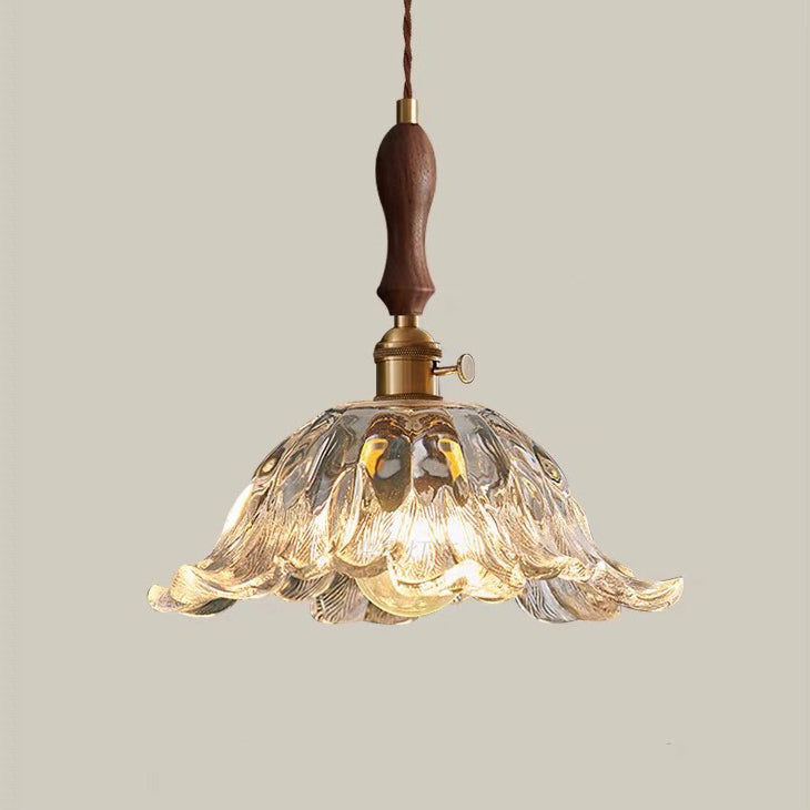 Lustre suspendu contemporain rétro en verre transparent cuivré avec motif de fleurs - 1 lumière pour salle à manger 
