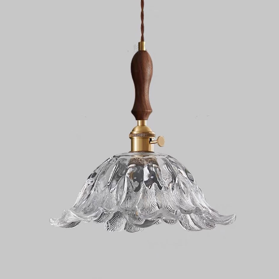 Lustre suspendu contemporain rétro en verre transparent cuivré avec motif de fleurs - 1 lumière pour salle à manger 