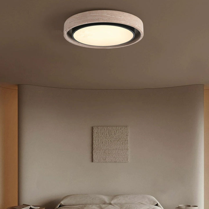Traditional Rustic Round Iron Yellow Travertine Acrylic LED Flush Mount Ceiling Light For Bedroom