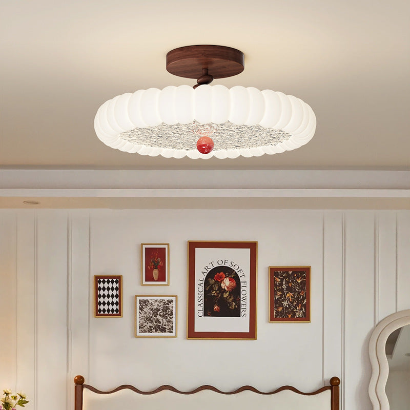 Zeitgenössische Retro-Rundkuppel Rotationsguss Walnuss Eisen LED Deckenleuchte für das Schlafzimmer 