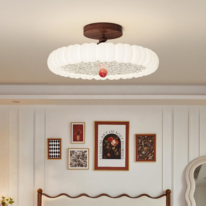 Zeitgenössische Retro-Rundkuppel Rotationsguss Walnuss Eisen LED Deckenleuchte für das Schlafzimmer 