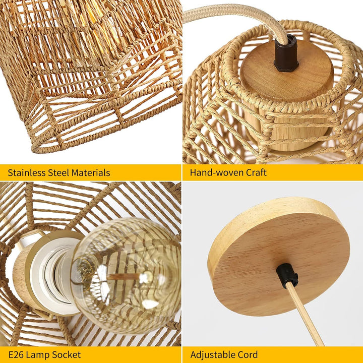 Forma de linterna boho contemporánea tejido de ratán madera maciza 1 - luz colgante para comedor 