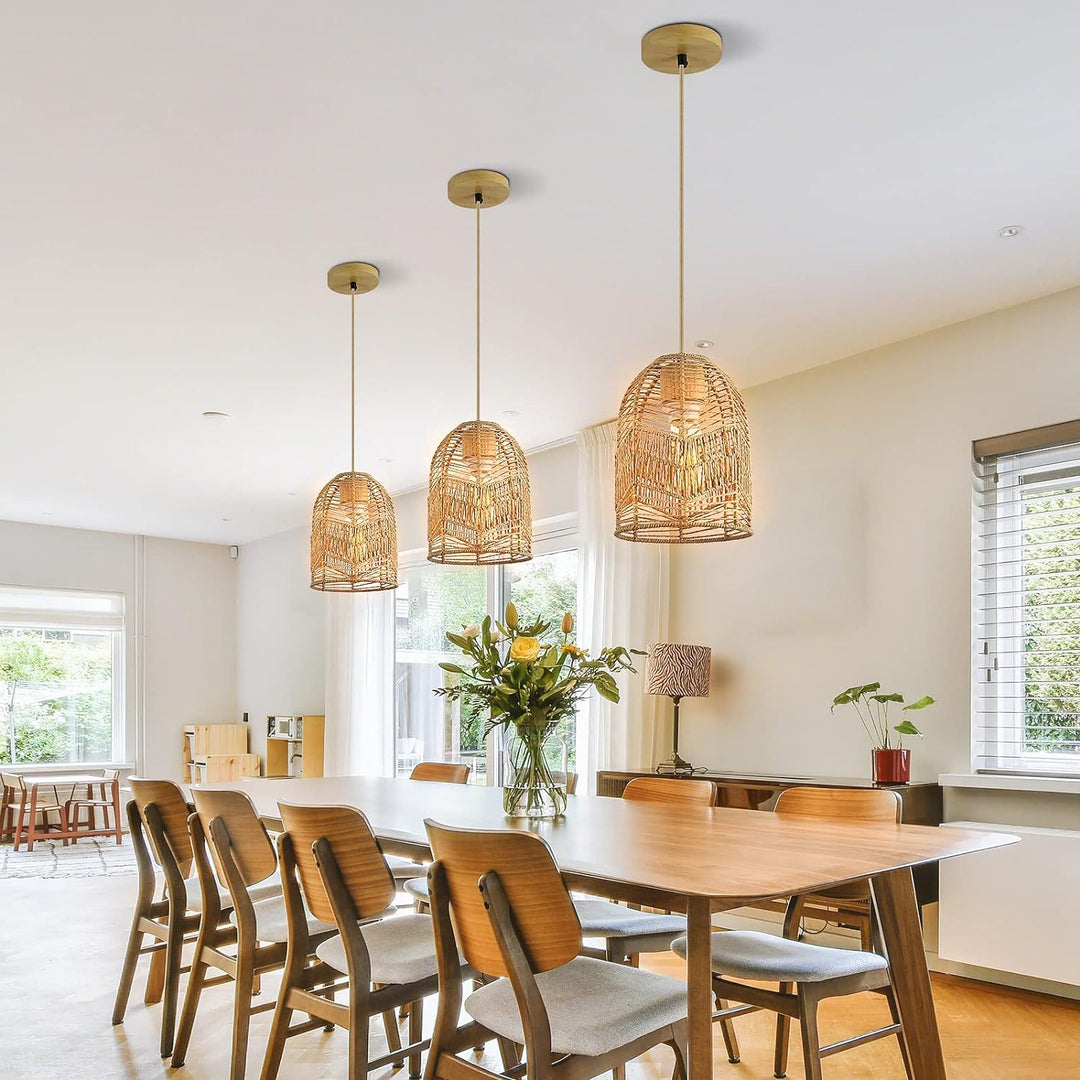 Forma de linterna boho contemporánea tejido de ratán madera maciza 1 - luz colgante para comedor 