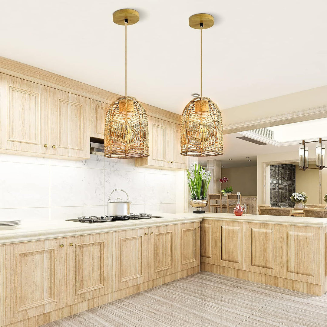 Forma de linterna boho contemporánea tejido de ratán madera maciza 1 - luz colgante para comedor 
