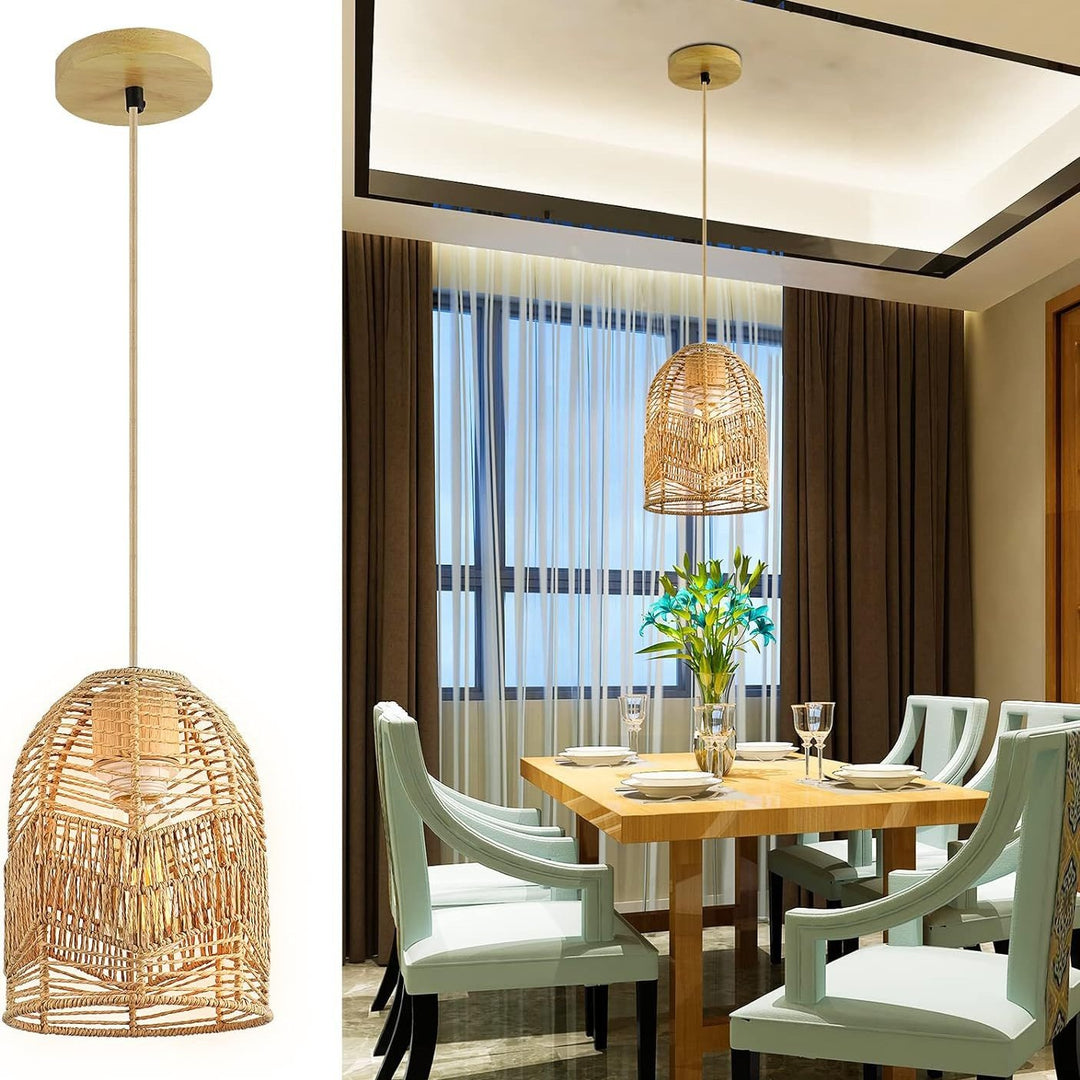 Forma de linterna boho contemporánea tejido de ratán madera maciza 1 - luz colgante para comedor 