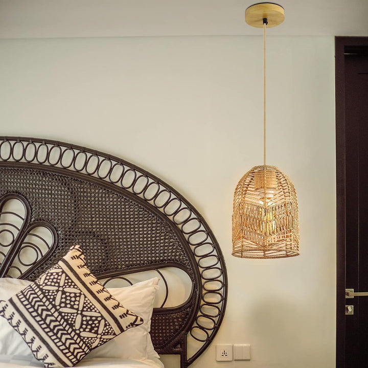 Forma de linterna boho contemporánea tejido de ratán madera maciza 1 - luz colgante para comedor 