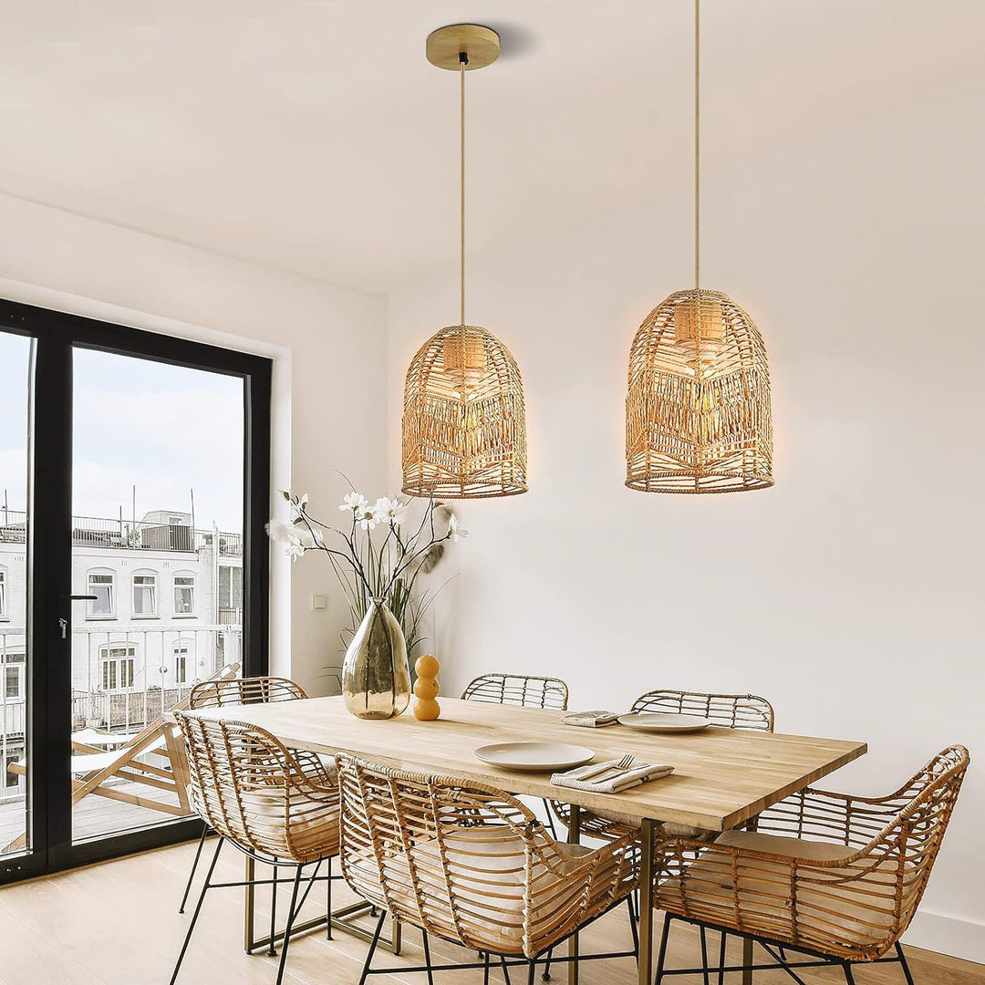 Forma de linterna boho contemporánea tejido de ratán madera maciza 1 - luz colgante para comedor 