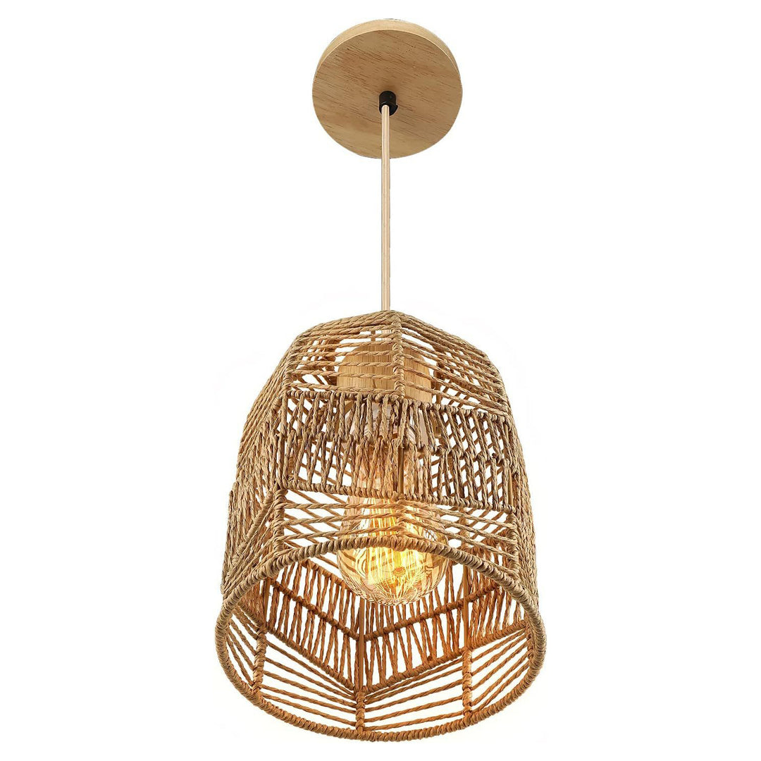 Forma de linterna boho contemporánea tejido de ratán madera maciza 1 - luz colgante para comedor 