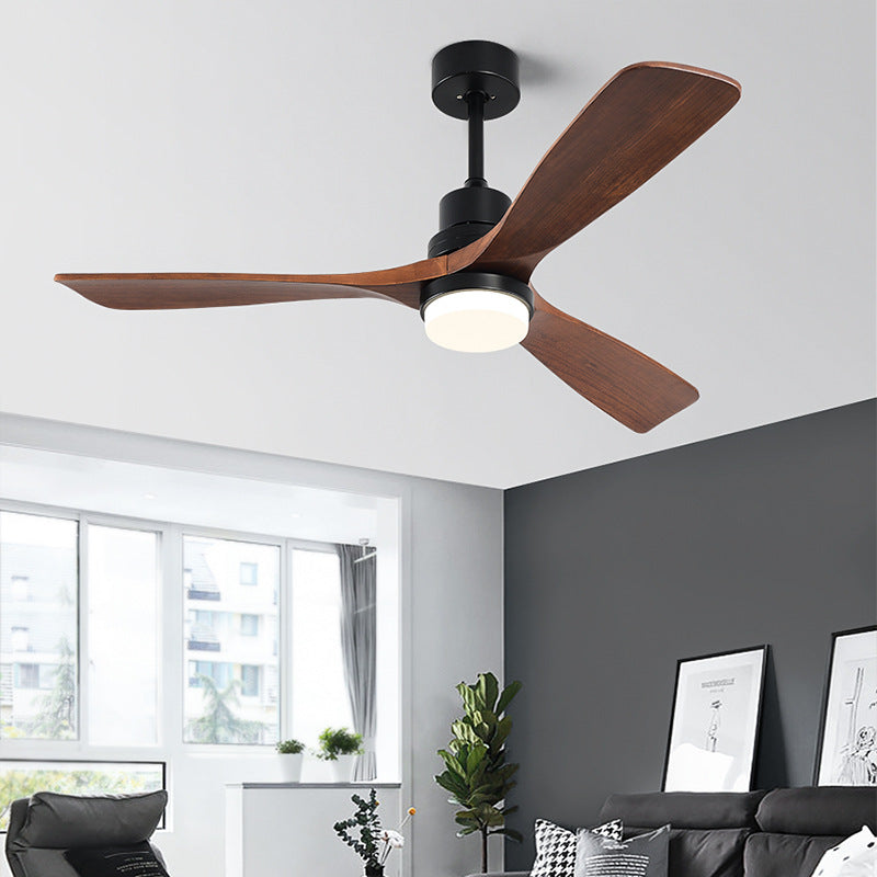 Contemporary Nordic Three Fan Blades Carbon Steel Solid Wood LED Downrods Ceiling Fan Light For Living Room