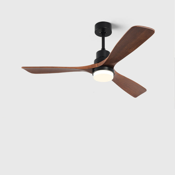 Ventilateur de plafond à trois pales nordiques contemporaines en acier au carbone et bois massif avec LED pour salon 