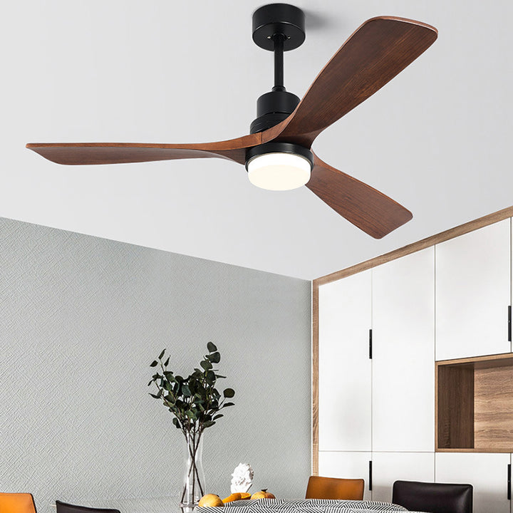 Ventilateur de plafond à trois pales nordiques contemporaines en acier au carbone et bois massif avec LED pour salon 