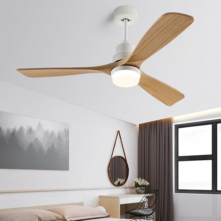 Ventilateur de plafond à trois pales nordiques contemporaines en acier au carbone et bois massif avec LED pour salon 