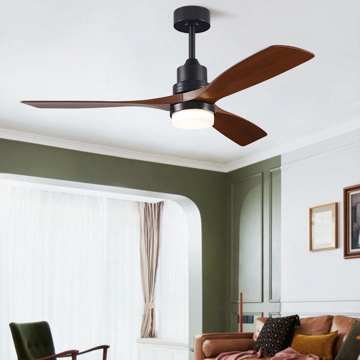 Ventilateur de plafond à trois pales nordiques contemporaines en acier au carbone et bois massif avec LED pour salon 