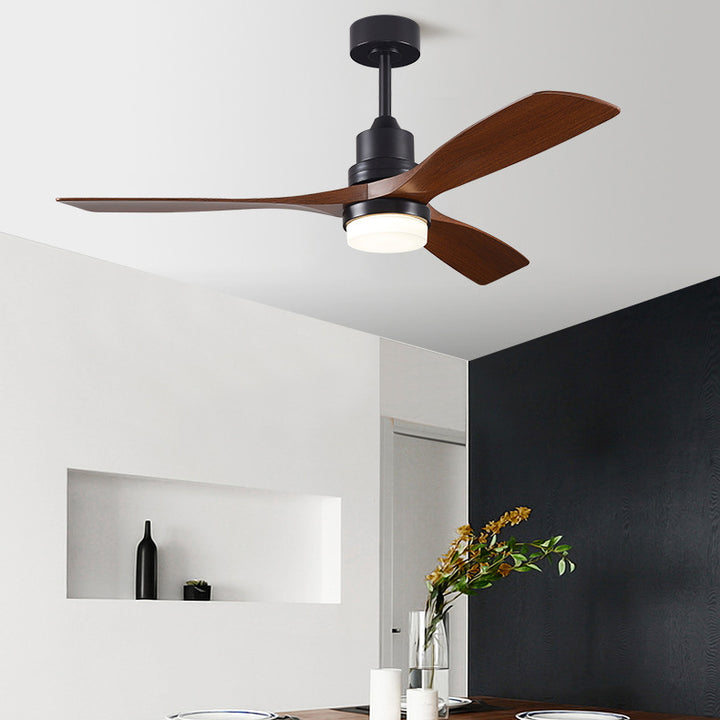 Ventilateur de plafond à trois pales nordiques contemporaines en acier au carbone et bois massif avec LED pour salon 