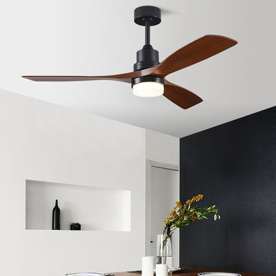 Contemporary Nordic Three Fan Blades Carbon Steel Solid Wood LED Downrods Ceiling Fan Light For Living Room