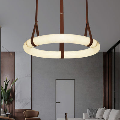 Chandelier LED en cuir rond nordique contemporain imitation marbre cuivre pour salon 