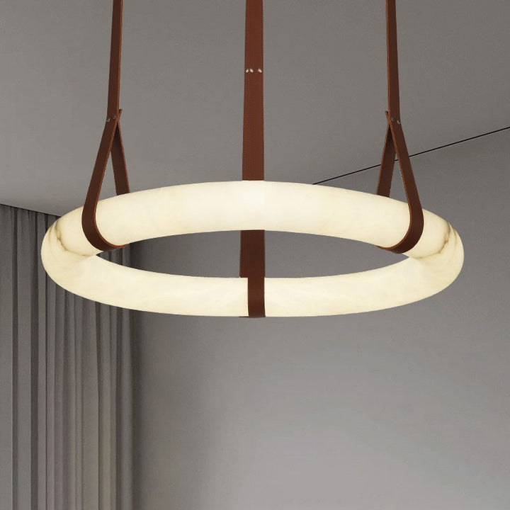 Chandelier LED en cuir rond nordique contemporain imitation marbre cuivre pour salon 
