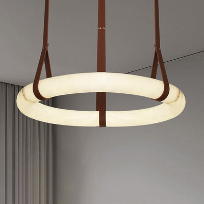 Chandelier LED en cuir rond nordique contemporain imitation marbre cuivre pour salon 