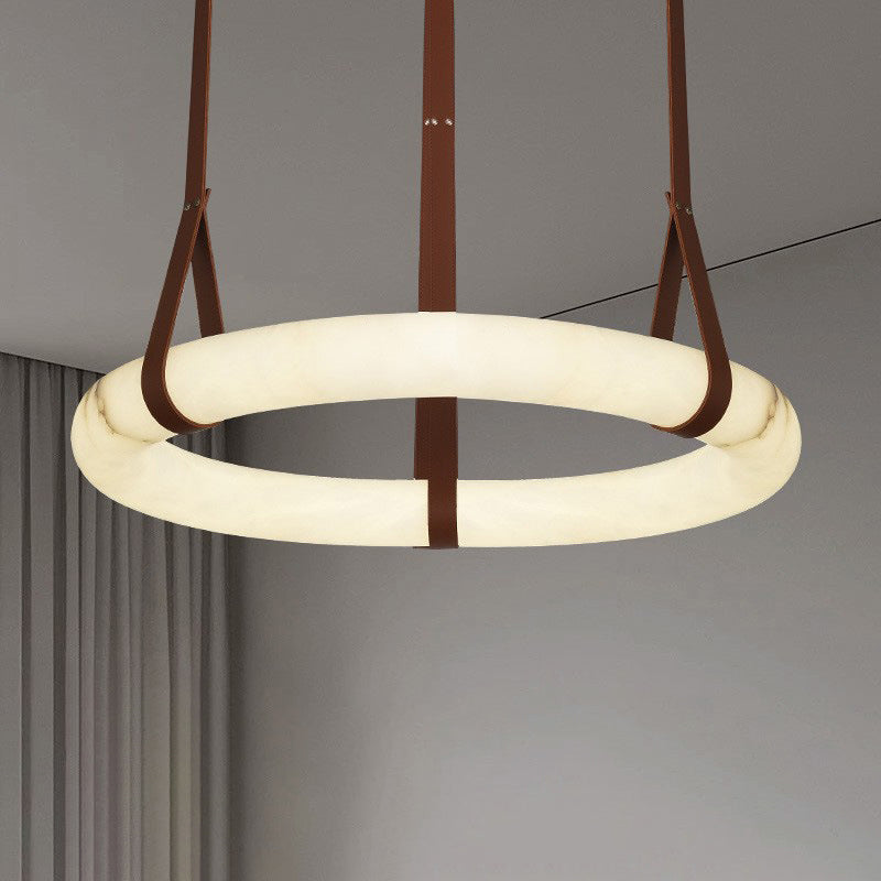 Chandelier LED en cuir rond nordique contemporain imitation marbre cuivre pour salon 