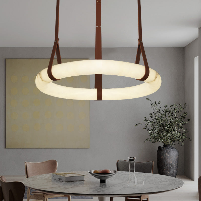 Chandelier LED en cuir rond nordique contemporain imitation marbre cuivre pour salon 