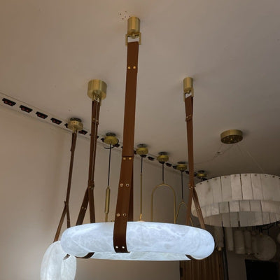 Chandelier LED en cuir rond nordique contemporain imitation marbre cuivre pour salon 