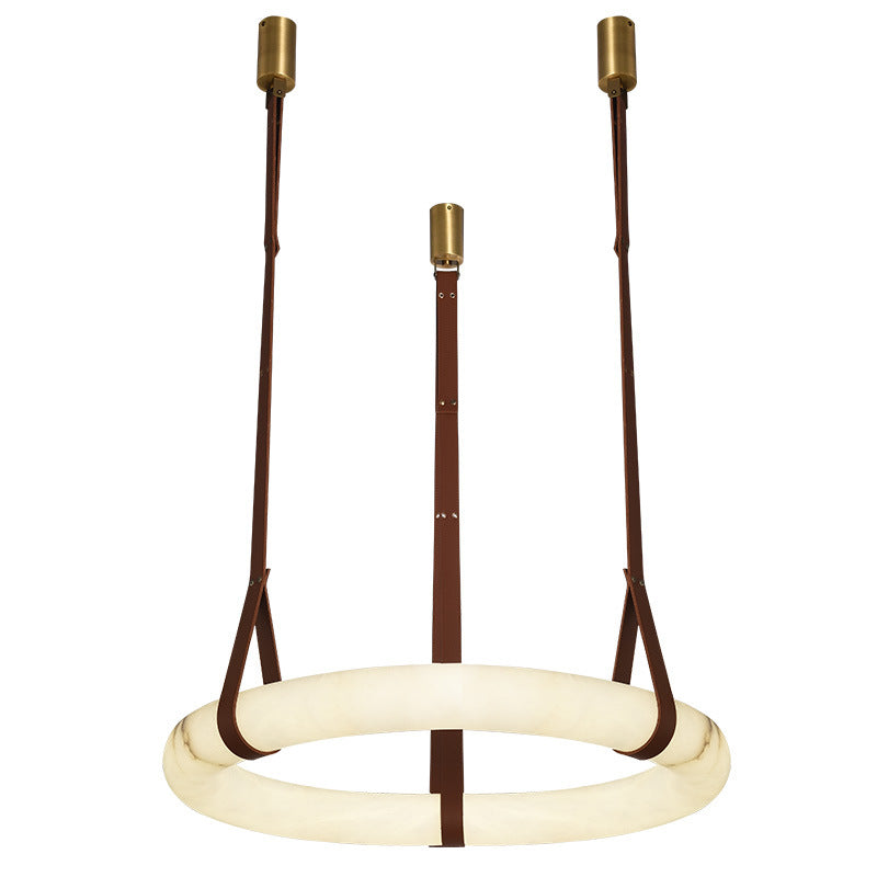 Chandelier LED en cuir rond nordique contemporain imitation marbre cuivre pour salon 