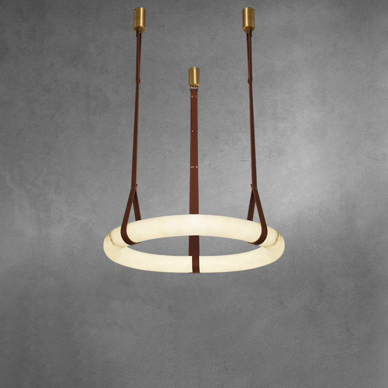 Chandelier LED en cuir rond nordique contemporain imitation marbre cuivre pour salon 