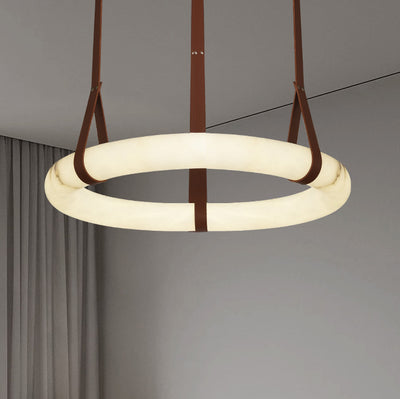 Chandelier LED en cuir rond nordique contemporain imitation marbre cuivre pour salon 