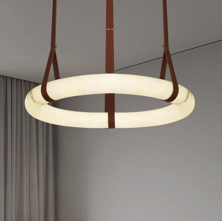 Chandelier LED en cuir rond nordique contemporain imitation marbre cuivre pour salon 