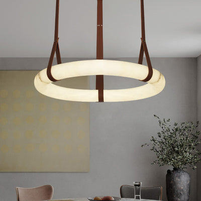 Chandelier LED en cuir rond nordique contemporain imitation marbre cuivre pour salon 