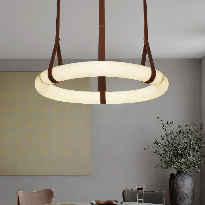 Chandelier LED en cuir rond nordique contemporain imitation marbre cuivre pour salon 