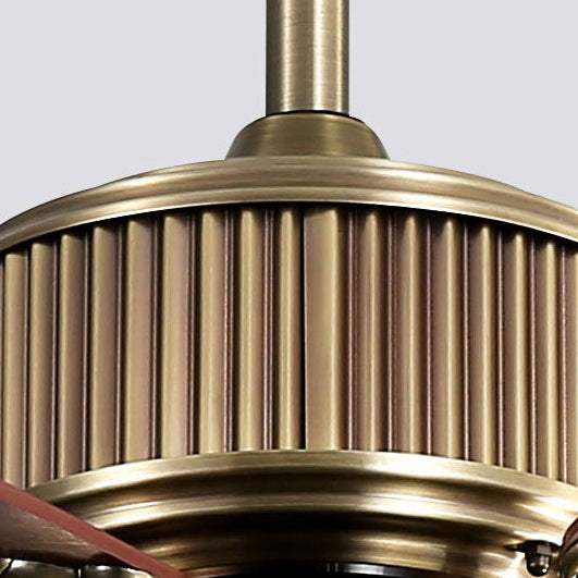 Zeitgenössischer nordischer Deckenventilator mit fünf Flügeln aus Kupfer, Holz und Glas mit LED-Abwärtstangen für das Wohnzimmer 