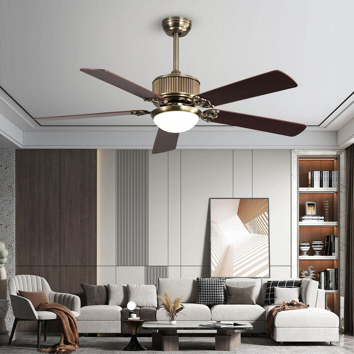 Ventilador de techo con luz LED y cinco aspas de ventilador nórdico contemporáneo de cobre, madera y vidrio para sala de estar 