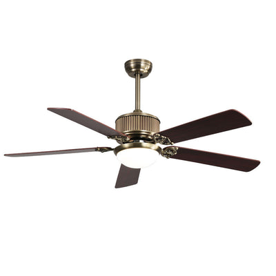 Zeitgenössischer nordischer Deckenventilator mit fünf Flügeln aus Kupfer, Holz und Glas mit LED-Abwärtstangen für das Wohnzimmer 