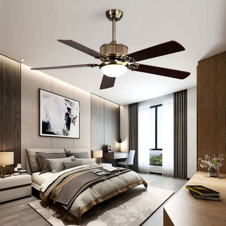 Ventilador de techo con luz LED y cinco aspas de ventilador nórdico contemporáneo de cobre, madera y vidrio para sala de estar 