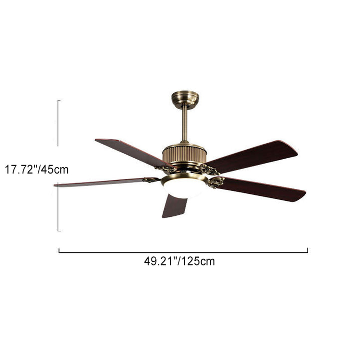 Ventilador de techo con luz LED y cinco aspas de ventilador nórdico contemporáneo de cobre, madera y vidrio para sala de estar 