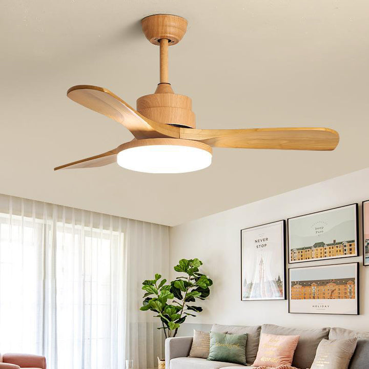 Ventilador de techo contemporáneo nórdico con tres aspas de madera maciza, acrílico, hardware LED y varillas para sala de comedor 