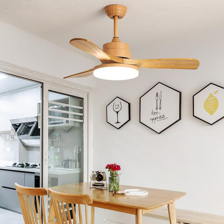 Ventilador de techo contemporáneo nórdico con tres aspas de madera maciza, acrílico, hardware LED y varillas para sala de comedor 