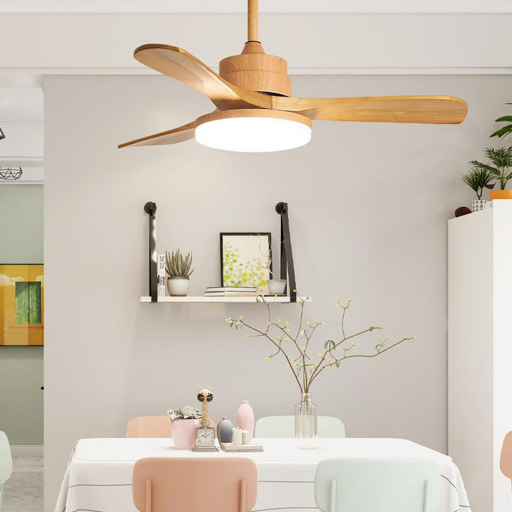 Ventilador de techo contemporáneo nórdico con tres aspas de madera maciza, acrílico, hardware LED y varillas para sala de comedor 