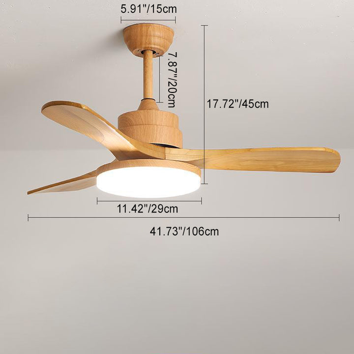 Ventilador de techo contemporáneo nórdico con tres aspas de madera maciza, acrílico, hardware LED y varillas para sala de comedor 
