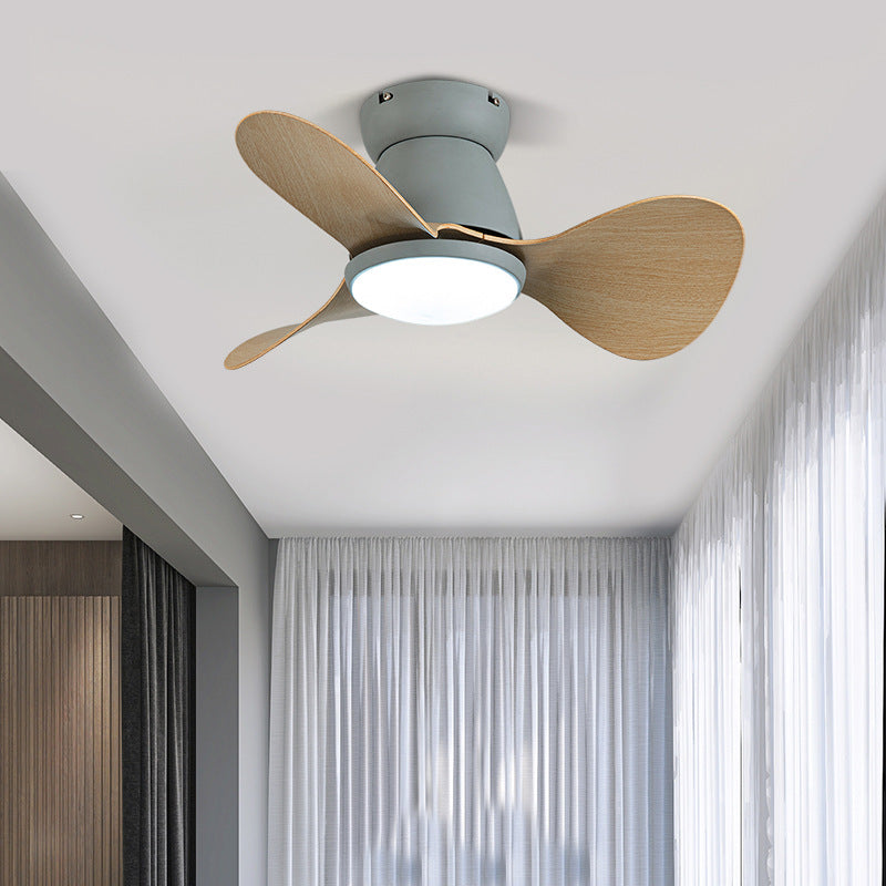 Zeitgenössischer nordischer Deckenventilator mit drei Lüfterblättern aus Hardware, Kunststoff und Acryl mit LED-Abhängung für das Wohnzimmer 