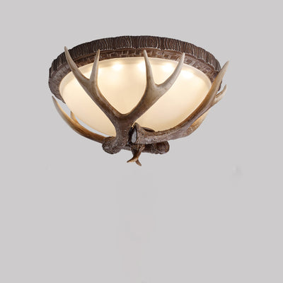 Contemporary Retro Antler Round Resin Iron Glass LED Flush Mount Ceiling Light For Bedroom