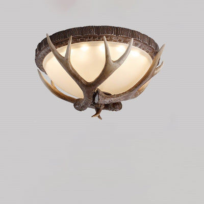 Contemporary Retro Antler Round Resin Iron Glass LED Flush Mount Ceiling Light For Bedroom