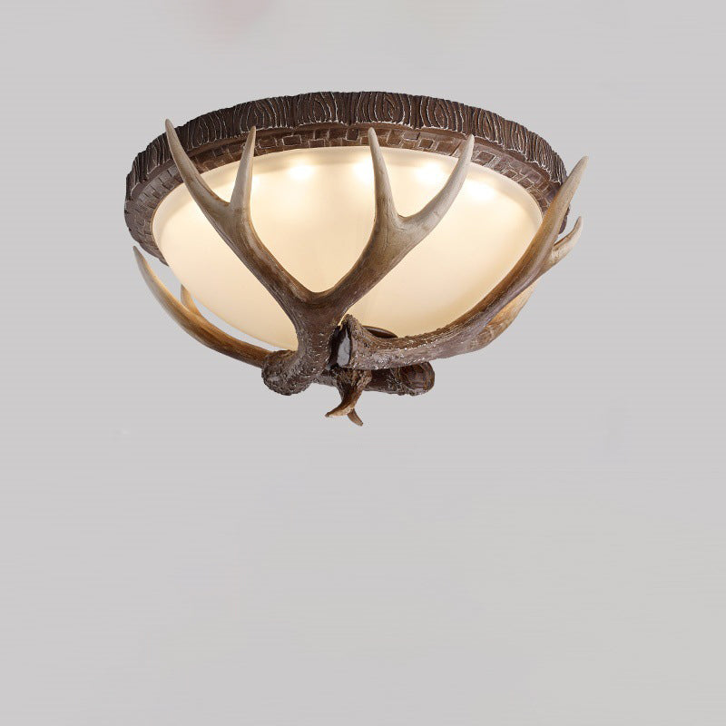 Contemporary Retro Antler Round Resin Iron Glass LED Flush Mount Ceiling Light For Bedroom