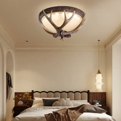 Contemporary Retro Antler Round Resin Iron Glass LED Flush Mount Ceiling Light For Bedroom