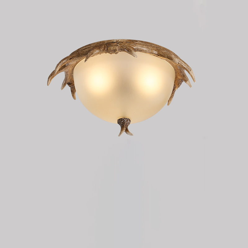 Contemporary Retro Antler Round Resin Iron Glass LED Flush Mount Ceiling Light For Bedroom