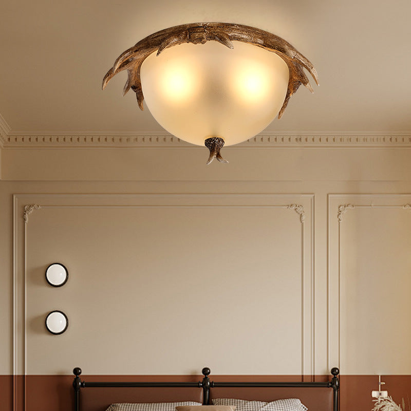 Contemporary Retro Antler Round Resin Iron Glass LED Flush Mount Ceiling Light For Bedroom